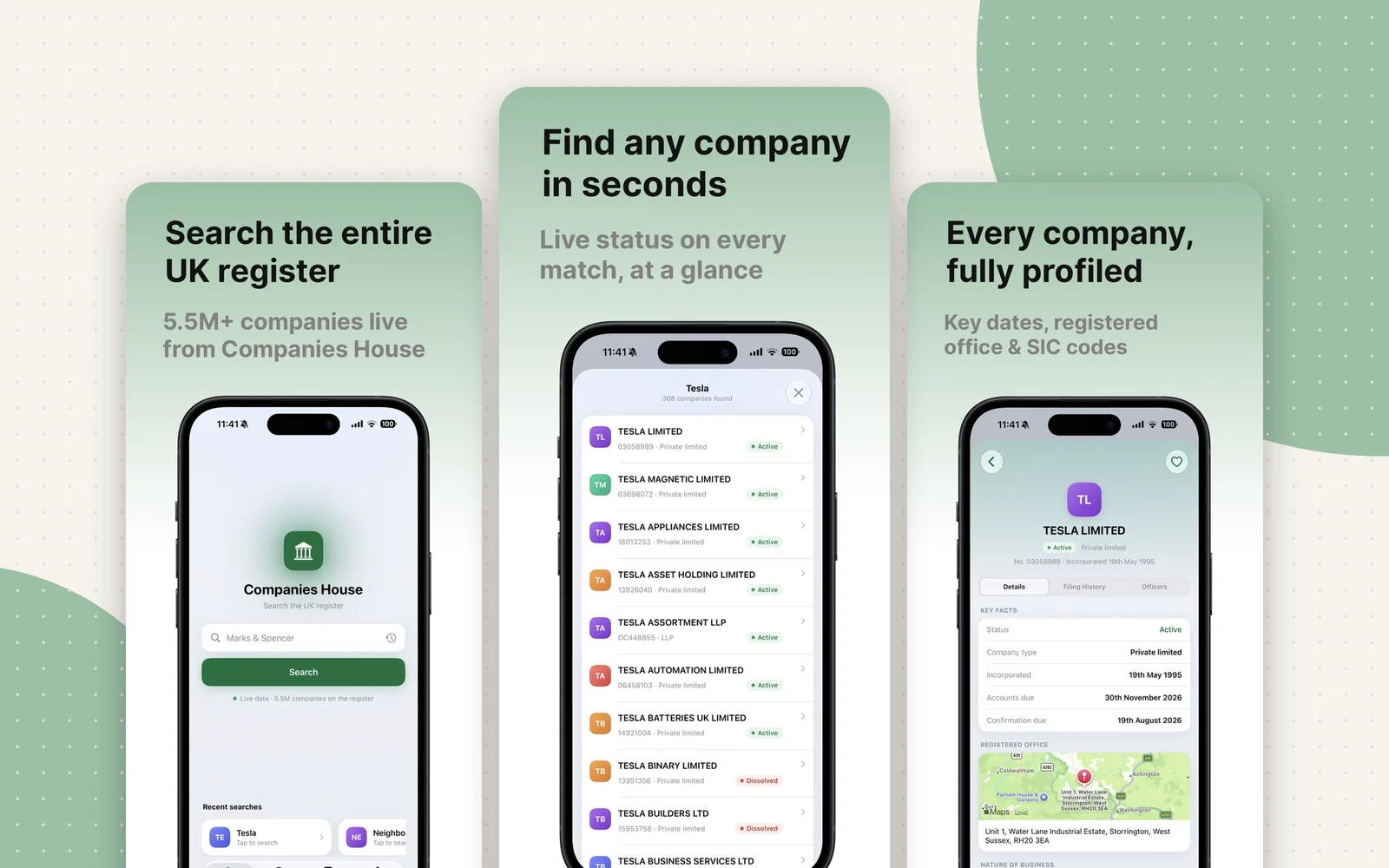 Companies House iPhone app screenshots