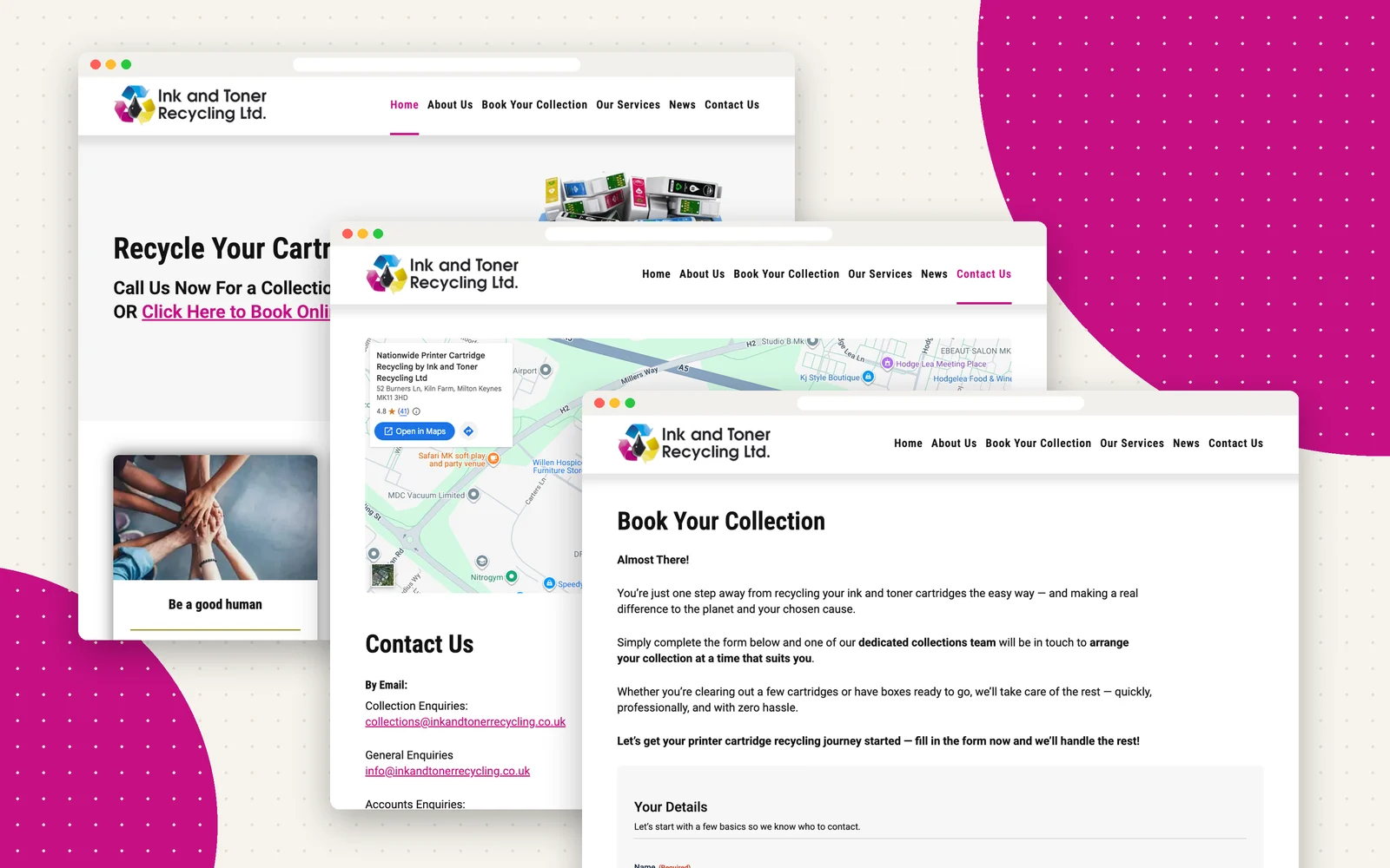 Ink and Toner Recycling website - homepage, contact and collection booking pages