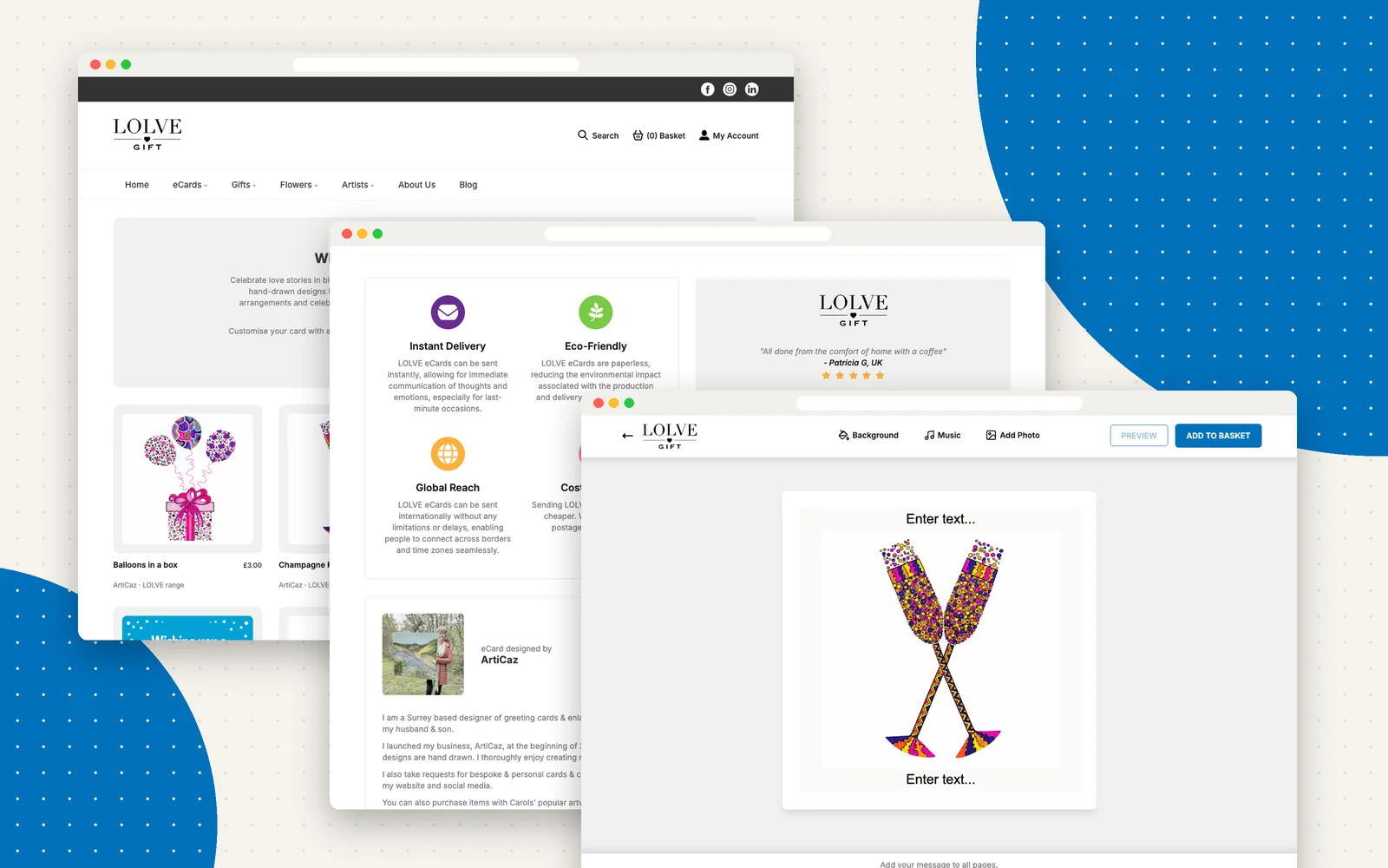 LOLVE Gift website - eCard range, product page and card editor